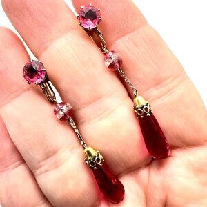 Vintage Art Deco Earrings 10K Yellow Gold Pink Czech Glass Chandelier Pierced